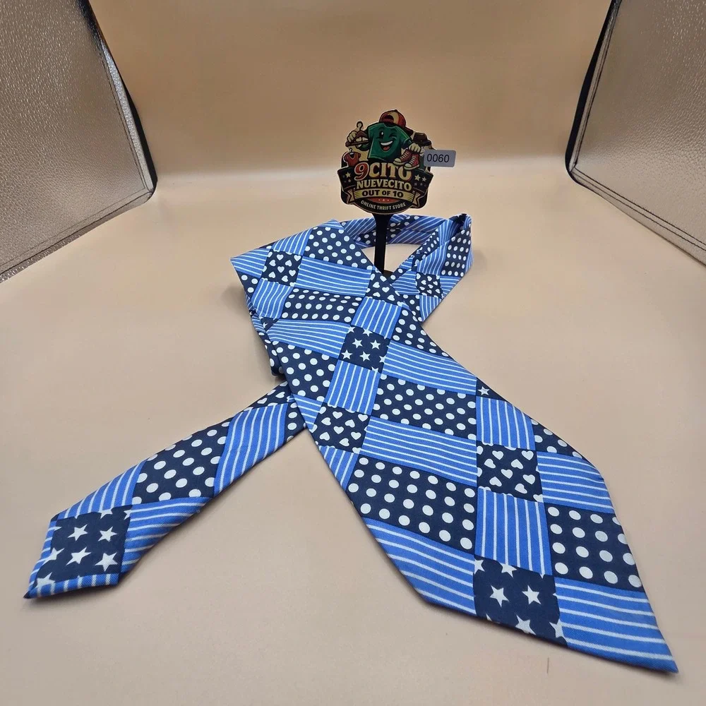 Maga Made in Italy Mens Silk Tie Blue Patchwork Stars Hearts Polka Dots Stripes